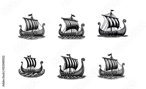 viking ship engrave logo icon design illustration