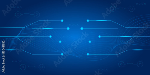 Abstract Blue Technology Background Circuit Lines, Nodes, Waves