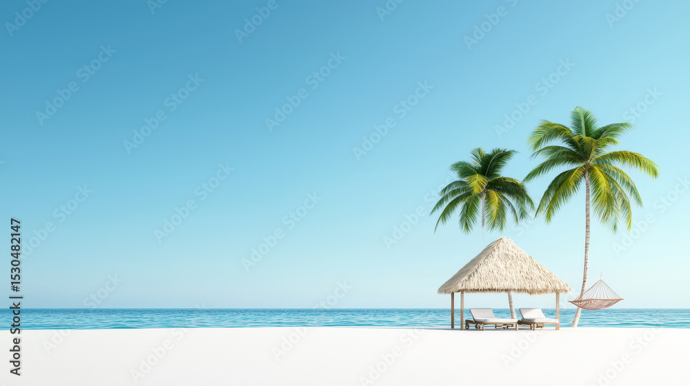 Fototapeta premium Serene tropical island featuring beach hut, palm trees, and clear blue sky creates perfect getaway