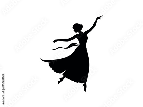 Graceful ballerina silhouette in mid-air pose, silhouette of a ballerina mid-leap, with outstretched arms and flowing skirt, ballerina, ballet, dance, silhouette, woman, female, silhouette, illustrati