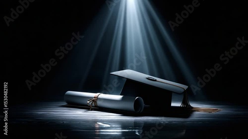 Graduation cap and diploma illuminated by dramatic lighting in a dark environment