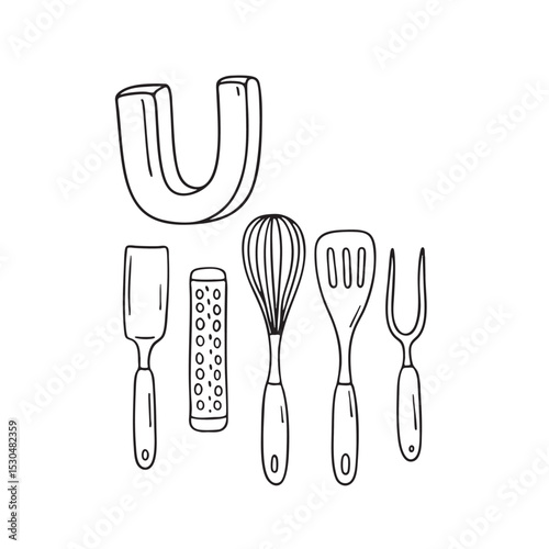 An Illustration of letter U next to utensils