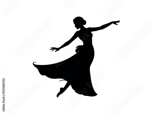 Graceful ballerina silhouette in mid-air pose, silhouette of a ballerina mid-leap, with outstretched arms and flowing skirt, ballerina, ballet, dance, silhouette, woman, female, silhouette, illustrati