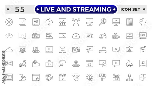 Live and Streaming outline icon set. Live stream, broadcasting online stream. Lower third template for tv, shows, movies and live performance.