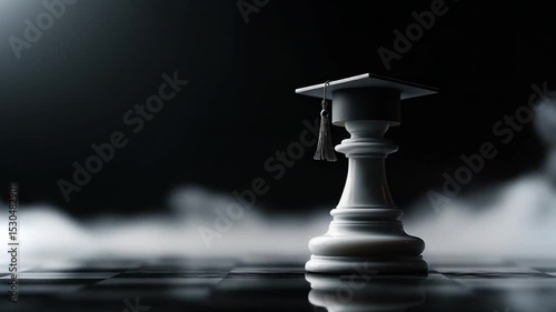 Graduation cap on a pedestal surrounded by fog in a dramatic setting with subtle lighting effects