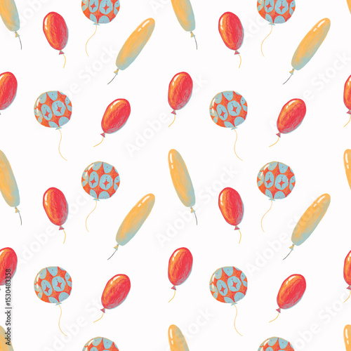 Cheerful seamless pattern featuring colorful air balloons floating on a light background. The design includes balloons in various shapes and bright colors, creating a joyful and festive mood. Perfect 