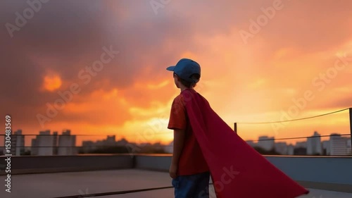 Child wearing a cape stands against a colorful sunset overlooking the city skyline