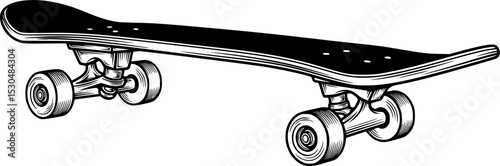 black and white skateboard with wheels on a white background, detailed skateboard, skateboard, skateboarding