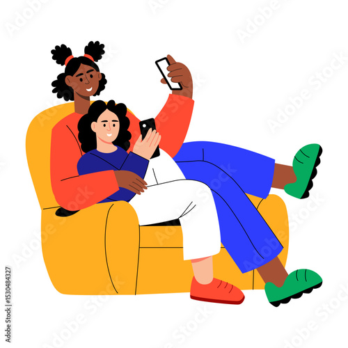 A flat style illustration showing siblings using phone