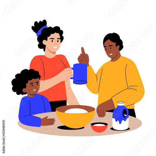 A flat style illustration showing family baking