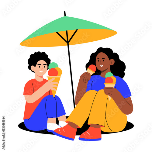 A flat style illustration showing siblings enjoying summer