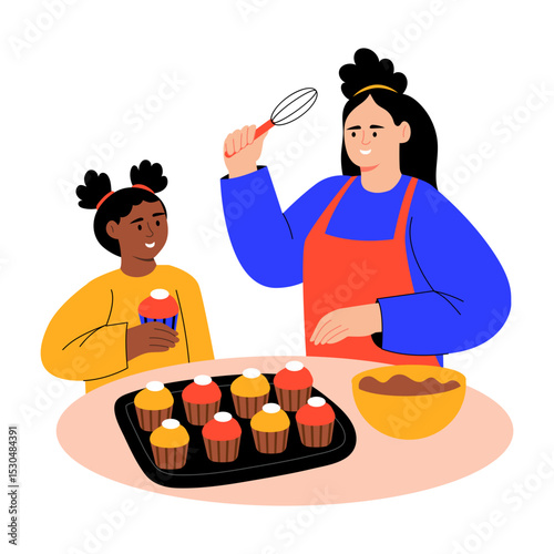 A flat style illustration showing a person baking cupcakes