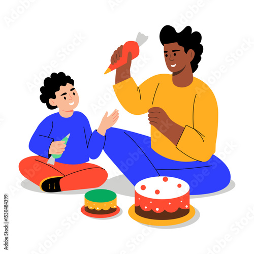 A flat style illustration showing a kid decorating cake