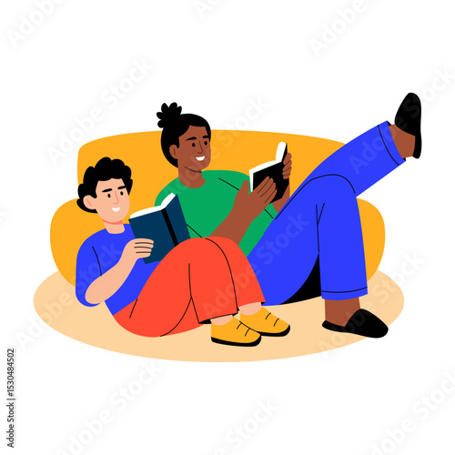 A flat style illustration showing sibling reading book