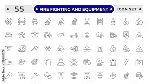 fire fighting and equipment outline Icon Set. Firefighters, Extinguishers, Alarms, and Rescue Vector Icons