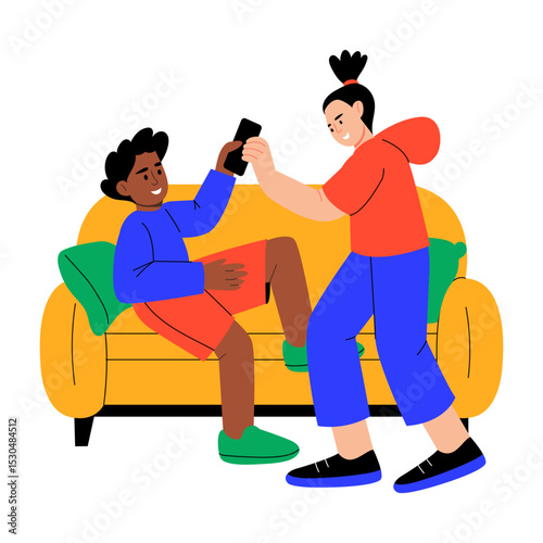 A flat style illustration showing siblings fight