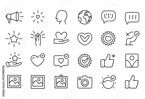 Collection of Twenty Four Linear Style Black Icons Depicting Social Media Engagement Feedback Approval and Photography Concepts Including Hearts Stars Hands Megaphone Globe Checkmarks and Camera