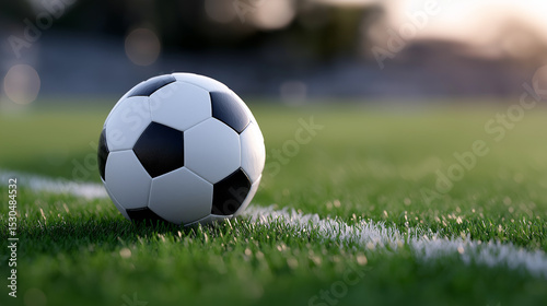 High-detail football field with vivid grass, centered black-and-white soccer ball, dramatic lighting and blurred stadium background, symbolizing energy and game day excitement, soccer field, football 