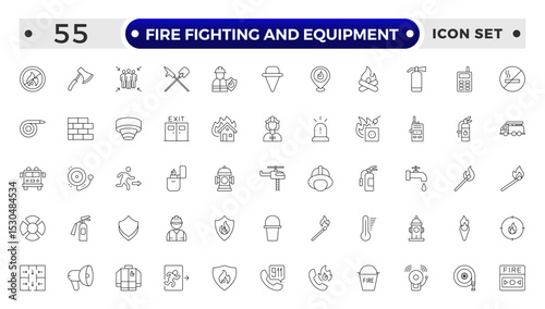 fire fighting and equipment outline Icon Set. Firefighters, Extinguishers, Alarms, and Rescue Vector Icons