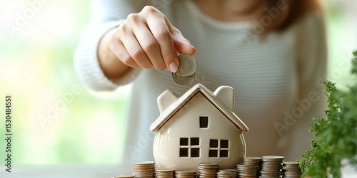 Close-up of a woman putting coins into a piggy bank in the shape of a house, saving for a property purchase., Generative AI