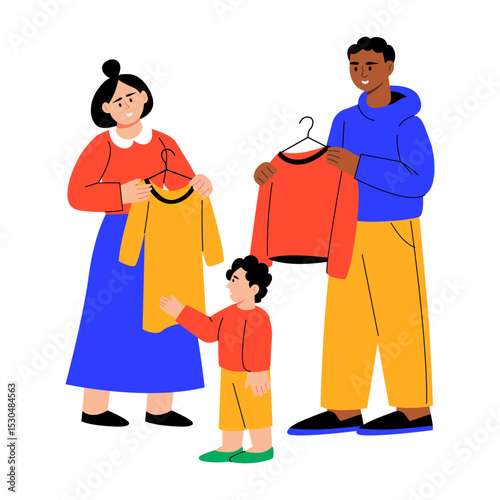 A flat style illustration showing parents choosing clothes for kid