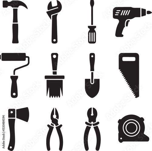 Tools & Hardware Silhouette Vector Bundle – 10 Black Icons – Hammer, Wrench, Screwdriver, Drill, Saw, Axe, Shovel, Pliers & Tape