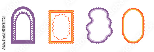 Retro funky frames with groovy effect. Set of fun kid borders with scallop wavy edges. Text boxes and callout templates for invitation. Vector purple and orange shapes isolated on white background.