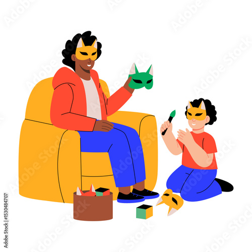 A flat style illustration showing kid making mask