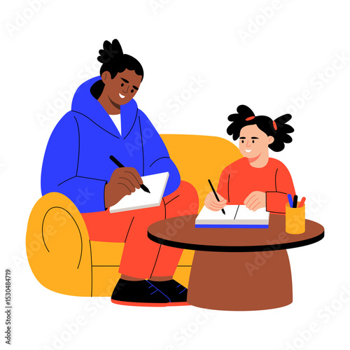 A flat style illustration showing sibling doing study help