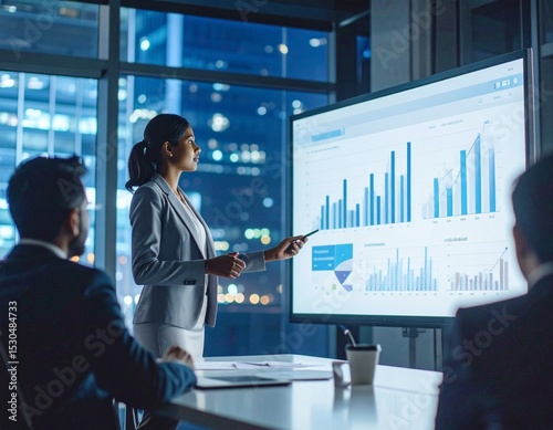 Indian businesswoman giving a powerful presentation in front of a digital whiteboard. 