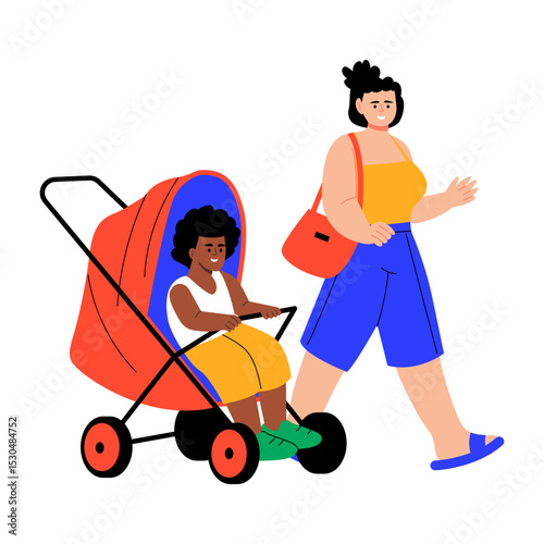 A flat style illustration showing a person strolling with kid
