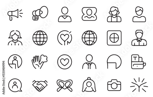 Collection of Twenty Four Black Line Icons on White Background Depicting Communication Global Networking Social Media and User Interface Elements Including Megaphones Globe Icons User Profiles