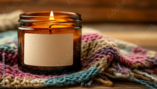 Burning candle in amber glass jar on knitted multicolored scarf against wood background