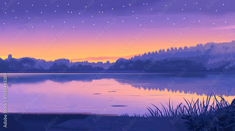 Fototapeta premium A view of a natural landscape with a lake and forest at dusk
