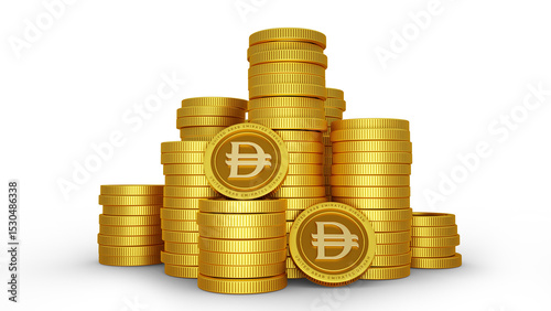 3D rendering of pile of abstract golden United Arab Emirates Dirham coins isolated on transparent background.