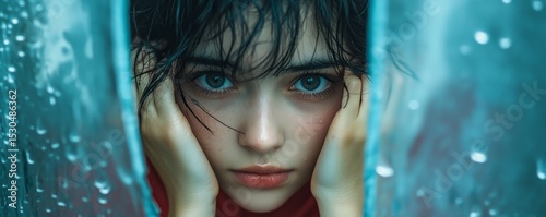 Depression in teenagers concept, young woman covering her face, feeling anxious and unhappy, locking herself at home, experiencing mental disorders., Generative AI