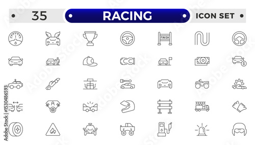 Motor Racing and Sport Car outline Icon Set. Formula 1, Speed, Pit Stop, automotive, race, automobiles, competition, championship, flag, wheel, medal, helmet, car, chassis, track.