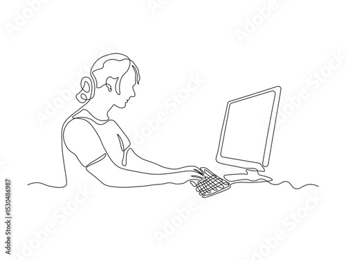 abstract woman works at a computer. continuous one single line art hand drawing sketch logo
