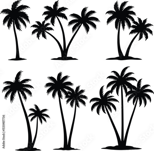 coastal palm tree bundle silhouettes with breezy windblown leaves