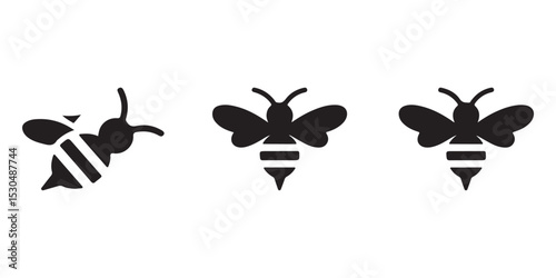 Three bee icon variations black silhouette