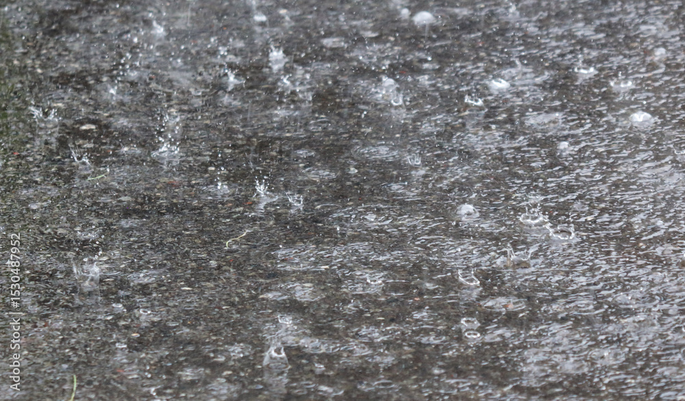 Obraz premium A wet sidewalk with raindrops falling on it