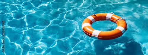 Life preserver ring floating in blue pool water, summer safety concept

