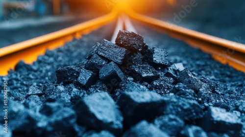 A close-up image of a pile of coal on the railway tracks, capturing the gritty essence of industry and transportation, highlighting the significance of coal in modern society.
