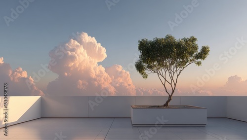 Rooftop patio with a small tree under a pastel sky