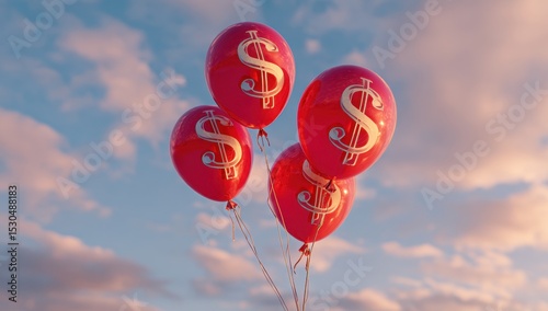 Four red balloons, each with a gold dollar sign, float in a sky with clouds