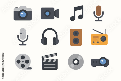Audio and video icons set with camera, microphone, headphones, and projector