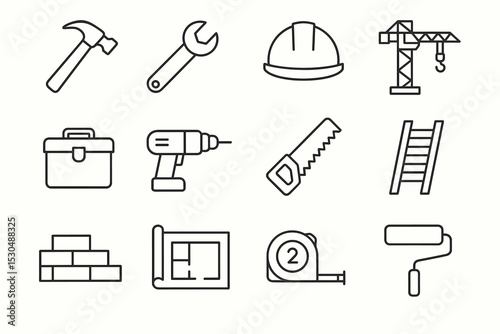 Construction tools icons set featuring hammer wrench hard hat crane