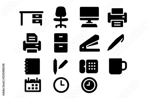 Set of office equipment icons: desk, chair, computer, printer, filing cabinet