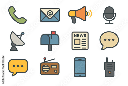 Colorful communication icons set with phone, email, and megaphone illustrations