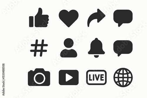 Social media icon set: thumbs up, heart, share, comment, hashtag, profile, bell, camera, video, live, globe